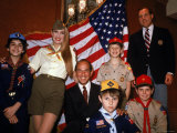 Boy Scouts Model New Uniforms with Designer Oscar de La Renta and Model Jerry Hall