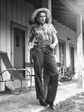 Model Wearing Rough Denim Frontier Pants and Cotton Shirt, Designed by Marge Riley