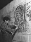 Mexican Muralist Diego Rivera Working on Pencil Sketches for Mural Depicting Pan American Unity