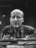 Editor and Author Bruce Catton Sitting Behind Stone Block Containing Miniature Civil War Figurines