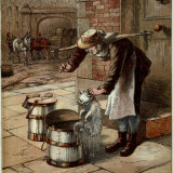 Illustration by Kronheim of a Milkman Pulling a Wet Cat Named Grilda Out of a Pail of Milk