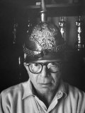 Director Billy Wilder in His Hollywood Office Wearing German Helmet