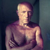 Portrait of Artist Pablo Picasso, Arms Folded Across Bare Chest, at His Home, Alone