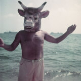 Pablo Picasso Wearing a Cow's Head Mask on Beach at Golfe Juan Near Vallauris