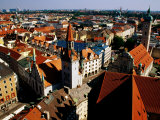 Overhead of Historic Town Quarter from Tower of St. Peter's Church, Marienplatz, Munich, Germany