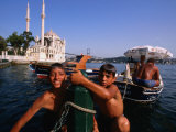 Kids with Ortakoy Mosque in Background, Istanbul, Turkey