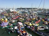 Fans Crowd into Boats, Kayaks, and Rafts Waiting for Their Chance to Catch a Home Run Ball