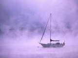 Boat in Early Morning Fog on Saint John River Fredericton, New Brunswick, Canada