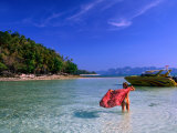 Woman with Red Sarong Enjoying Sea, Krabi, Thailand