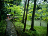 Visitors Stroll Down a Stone Path in a Japanese Garden