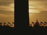 A Twilight View of American Flags Flying at the Washington Monument