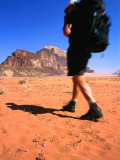 Trekker Hiking Across the Desert Sands Towards Wadi Rum, Jordan