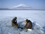 Frozen Lake with Fishermen, Lake Yamanaka, Mount Fuji, Honshu, Japan
