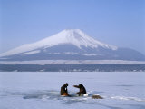 Frozen Lake with Fishermen, Lake Yamanaka, Mount Fuji, Honshu, Japan