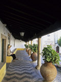 Buy Tourist on Terrace with Striped Cobblestone Floor and Planters, Portugal at AllPosters.com