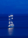 Evening View of Moving Three Masted Cruise Ship, Amalfi, Campania, Italy