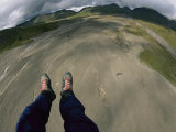 Motorized Paraglider over a Broad Outwash Plain Between Volcanoes near Klyuchevskoy