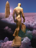 Male Statue and Buildings in Clouds