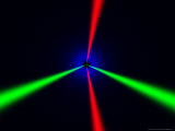 Red and Green Beams on Black Background with Blue Rings