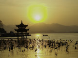 Westlake with Chineese Pavillon During Sunset, China