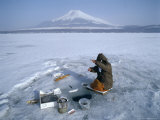 Frozen Lake with Fishermen, Lake Yamanaka, Mount Fuji, Honshu, Japan