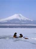 Frozen Lake with Fishermen, Lake Yamanaka, Mount Fuji, Honshu, Japan