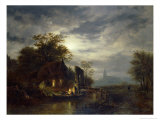Moonlit River Scene with Figures Unloading a Boat Giclee Print