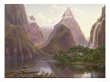 Buy Native Figures, Milford Sound, New Zealand, Also Depicted Are Mitre Peak and Bowens Fall, 1892 at AllPosters.com
