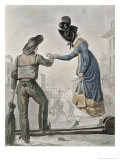 Woman Paying a Street Sweeper to Cross a Gangplank over a Dirty Street