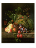 Still Life of Fruit on a Ledge with Parakeets