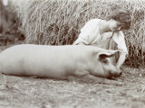 Young Peasant-Woman Kneeling Down Beside a Small Pig