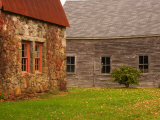 Wooden Barn and Old Stone Building in Rural New England, Maine, USA