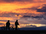 Buy Two People and Bicycles Silhouetted at Sunset, Tiszafured, Hungary at AllPosters.com
