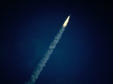 Space Shuttle Blasting Up into Sky at Takeoff, Cocoa Beach, Florida, USA