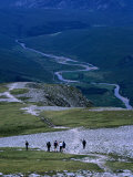 Overhead of Trekkers Descending Ben Hope to Valley, Strathmore River Valley, United Kingdom