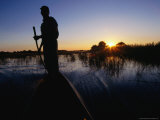 Buy Safari Guide Standing in Boat at Sunset, Ngamiland, Botswana at AllPosters.com