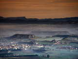 Overhead of Houses and Hills in Mist Filled Valley, Tona, Spain