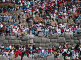 Spectators Sitting on Inca Walls Watching Inti Raymi Festival, Sacsayhuaman, Cuzco, Peru