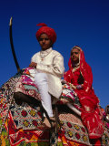 Young Children on Decorated Elephant During Annual Desert Festival of Jaisalmer, India
