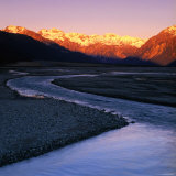 Waimakariri River Valley with Sun-Lit Mountains Behind, Arthur's Pass National Park, New Zealand
