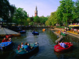 People in Hire Boats on Lake with Radhus (City Hall) in Background, Copenhagen, Denmark
