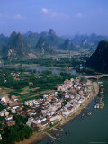 Buy Aerial View of Town on Li River with Limestone Pinnacles in Background, Yangshuo, China at AllPosters.com