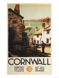 Cornwall, England - Street Scene with Two Men Working Railway Poster