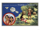 Tahiti - Map of the Island and Moorea Island, Natives Wearing Lais