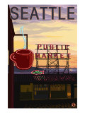 Seattle, Washington - Pike Place Market Sign and Water View