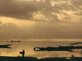 Fishing Boats with Lone Figure of Woman at Dawn on Chilka Lake