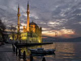 Ortakoy Mosque Looking Towards the Bosphorus Bridge, under a Cloudy Sky