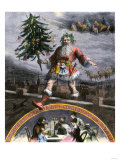 Santa Claus on a Rooftop Carrying a Decorated Christmas Tree, 1860s