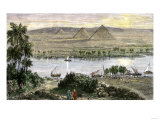 Pyramids at Gizeh, with Dhows on the Nile River in Egypt