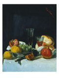 Buy Grapes, Lemons and Pomegranates with White Wine Glasses and Loaf of Bread at AllPosters.com
